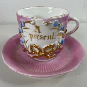 Vintage Mustache Cup and Saucer "A Present" Porcelain Made in Germany